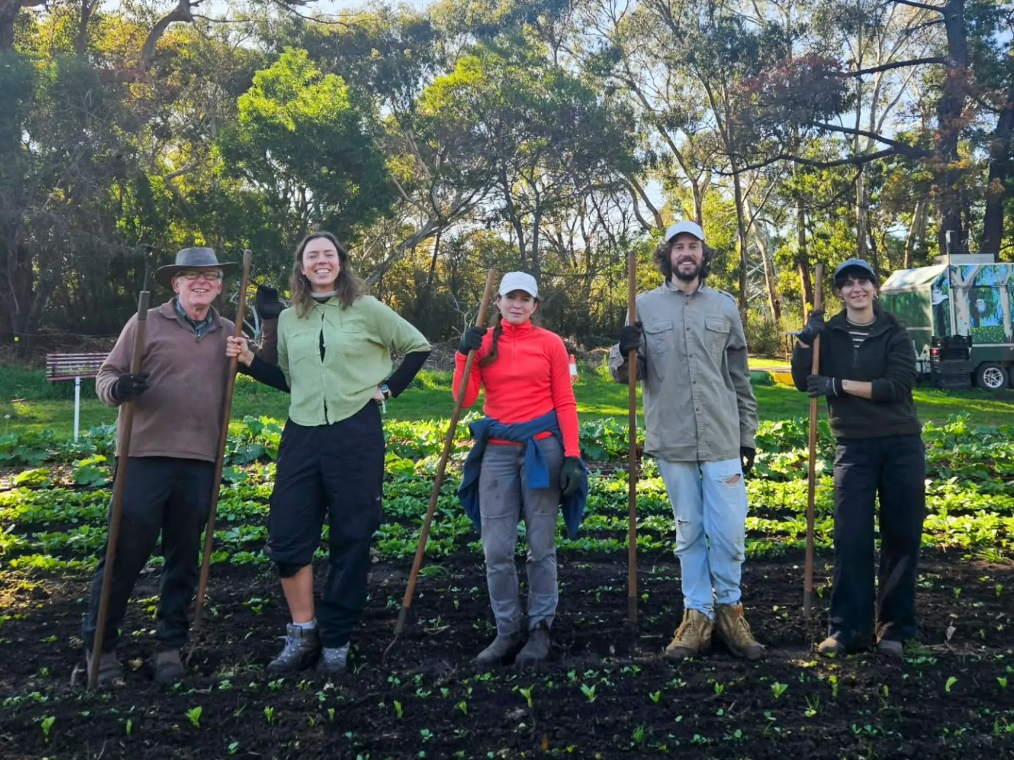 Volunteers with their weeding tools at Joe's Market Garden, Coburg