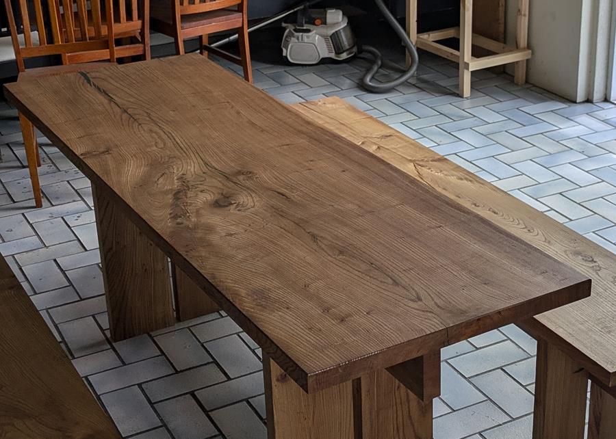 Timber table and bench made from reclaimed Elm, in the Fair Wood lunch room.